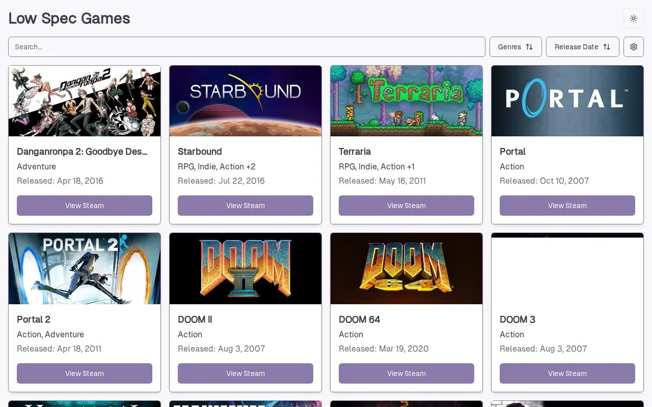 Low Spec Games homepage screenshot