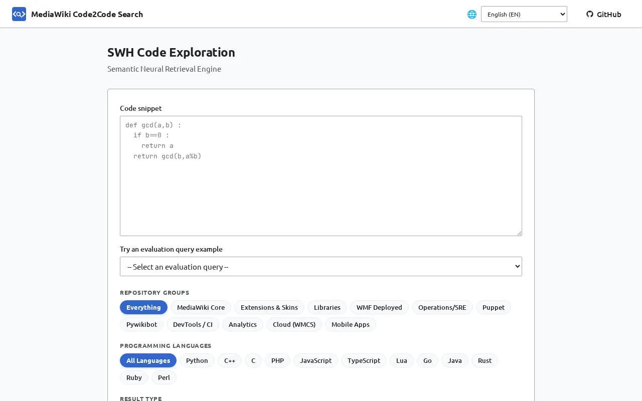 MediaWiki Code2Code Search homepage screenshot