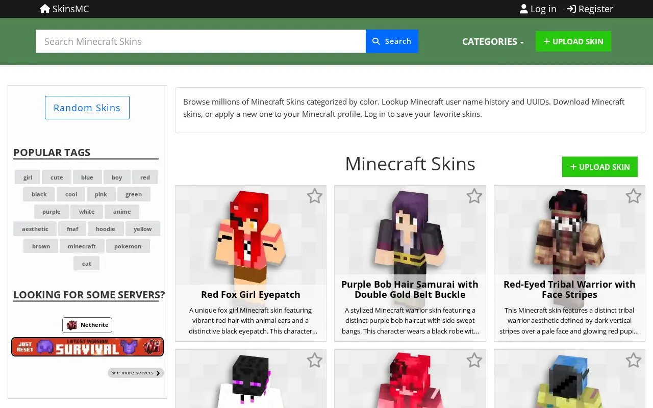 SkinsMC homepage screenshot