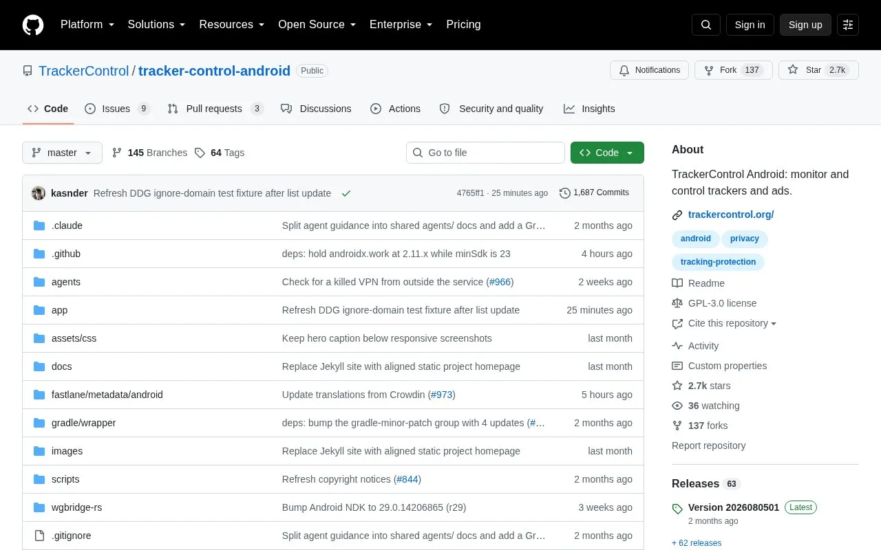 Tracker Control Android homepage screenshot