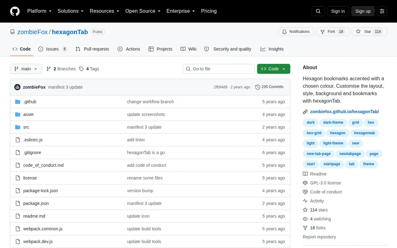 hexagonTab homepage screenshot