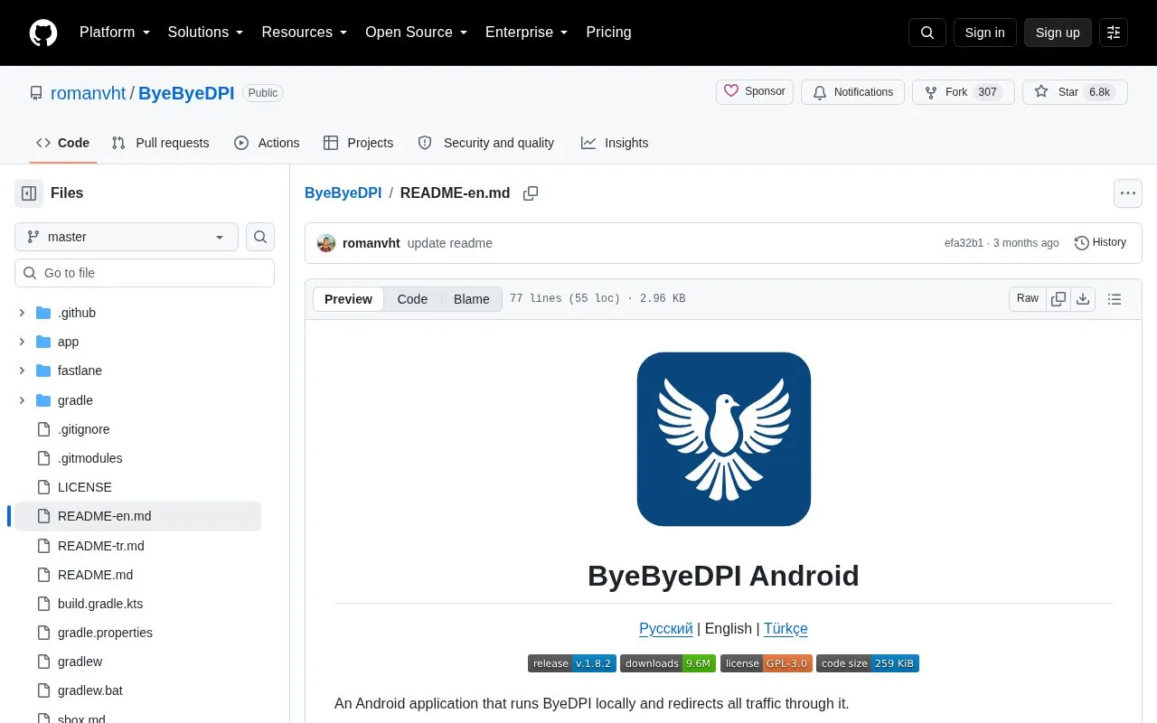 ByeByeDPI homepage screenshot