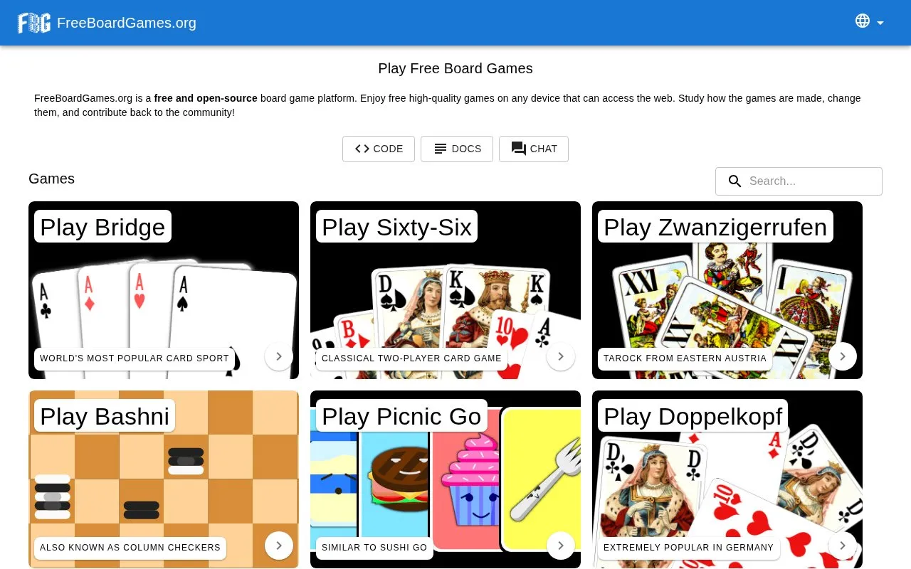 FreeBoardGames homepage screenshot