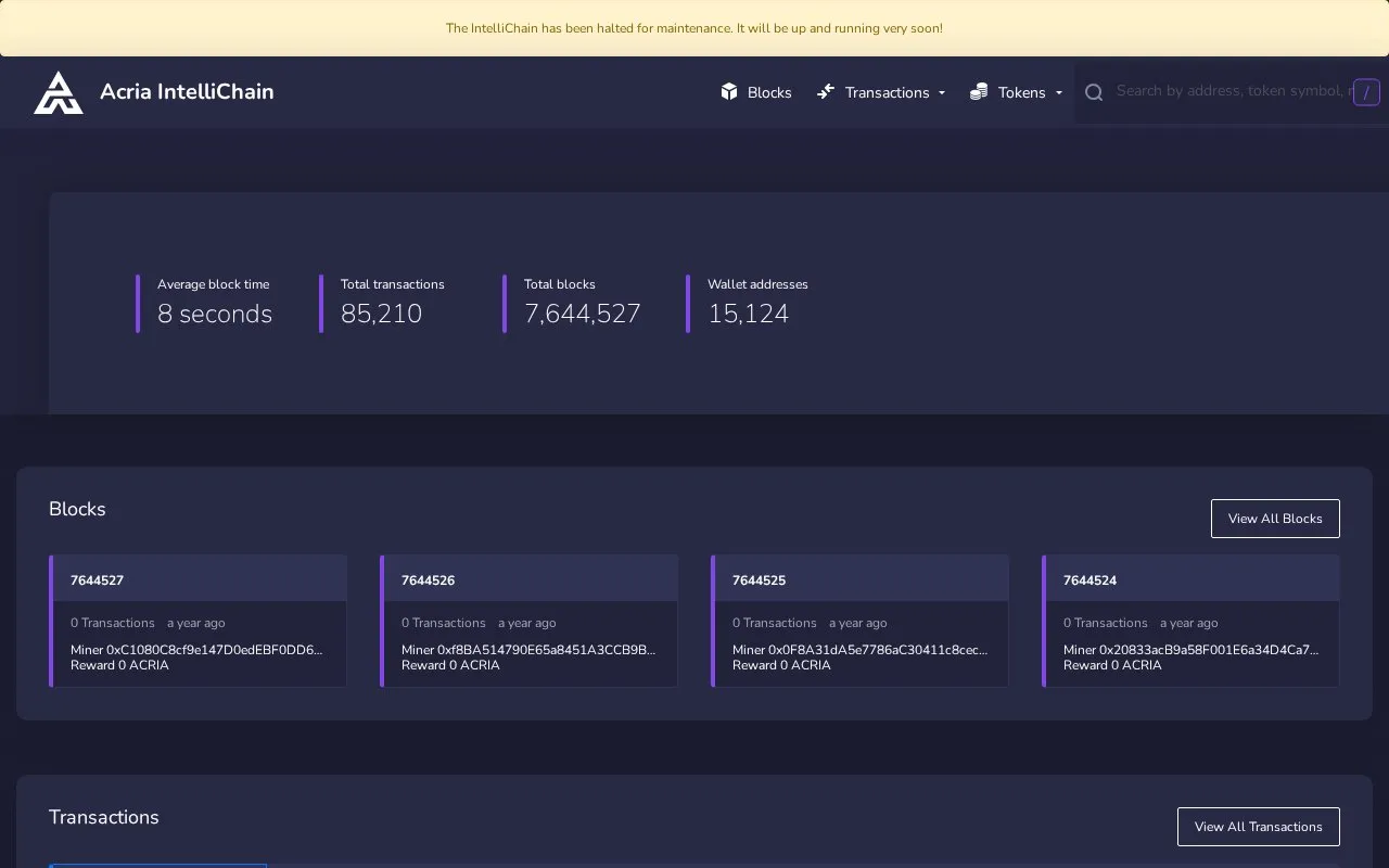 Acria IntelliChain — Acria IntelliChain-Explorer homepage screenshot