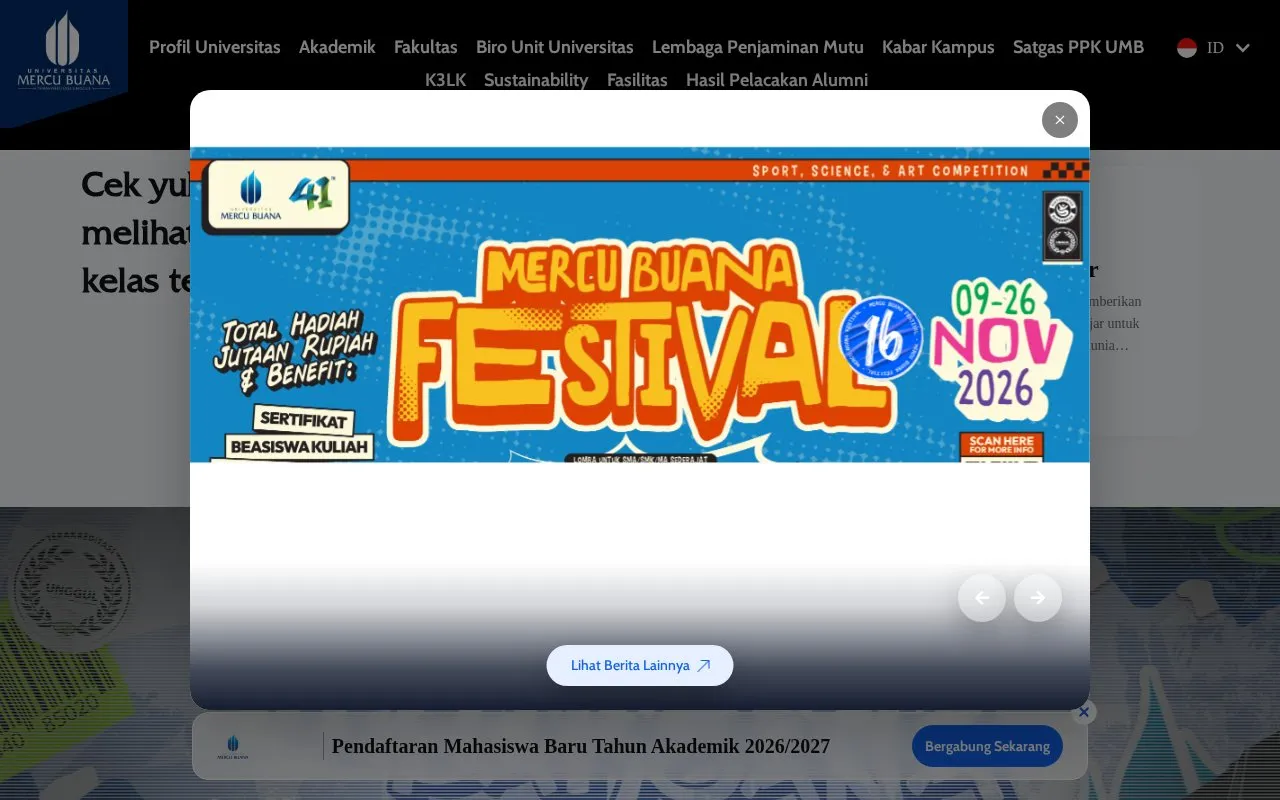 Mercu Buana University homepage screenshot