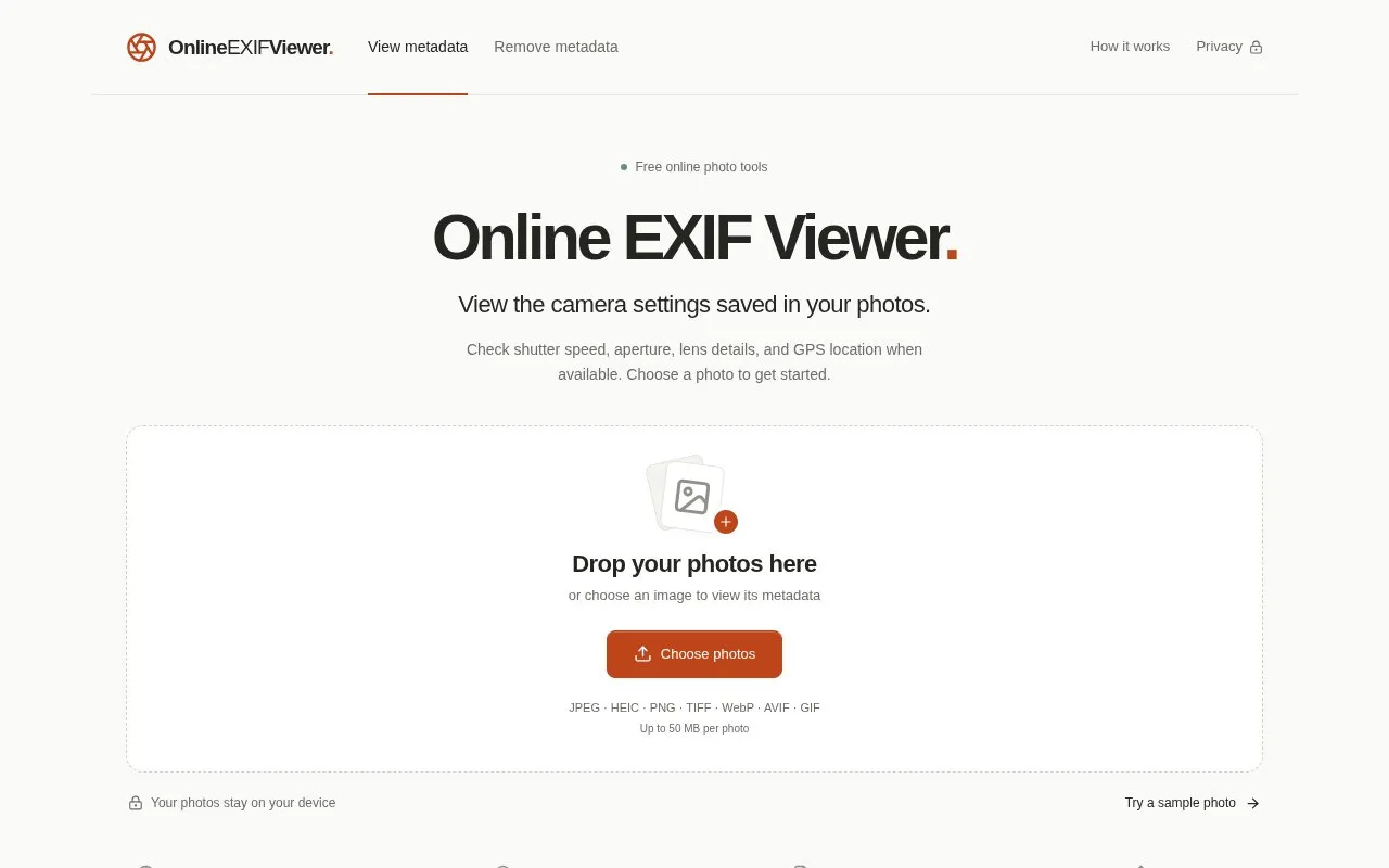 OnlineEXIFViewer homepage screenshot