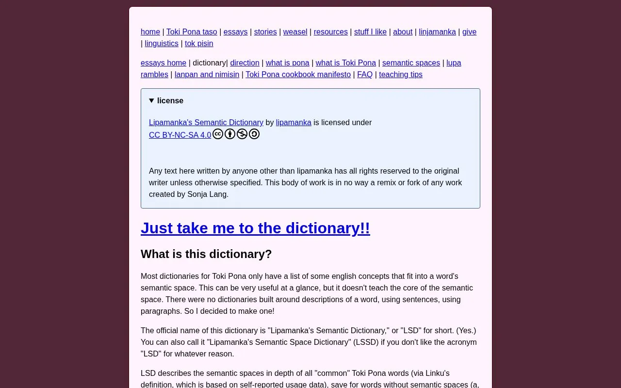 Semantic Spaces Dictionary homepage screenshot
