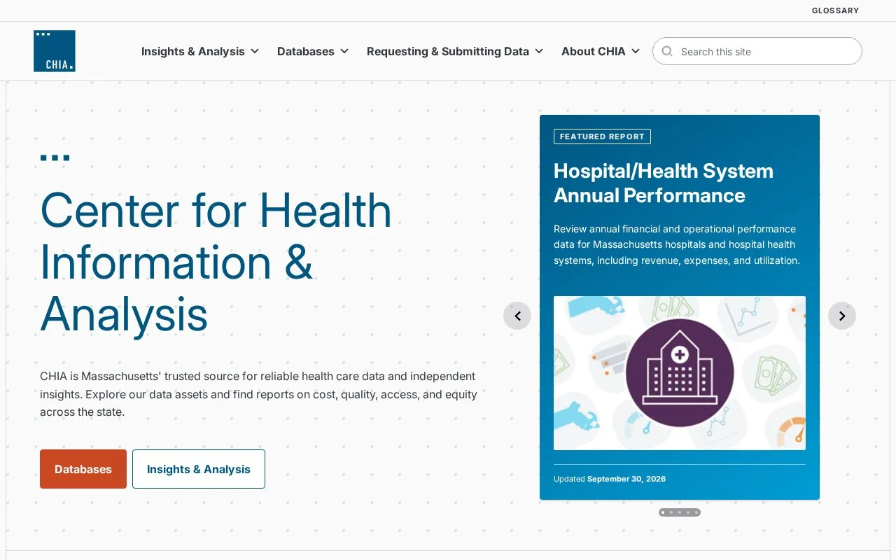 Massachusetts Center for Health Information and Analysis Databooks homepage screenshot