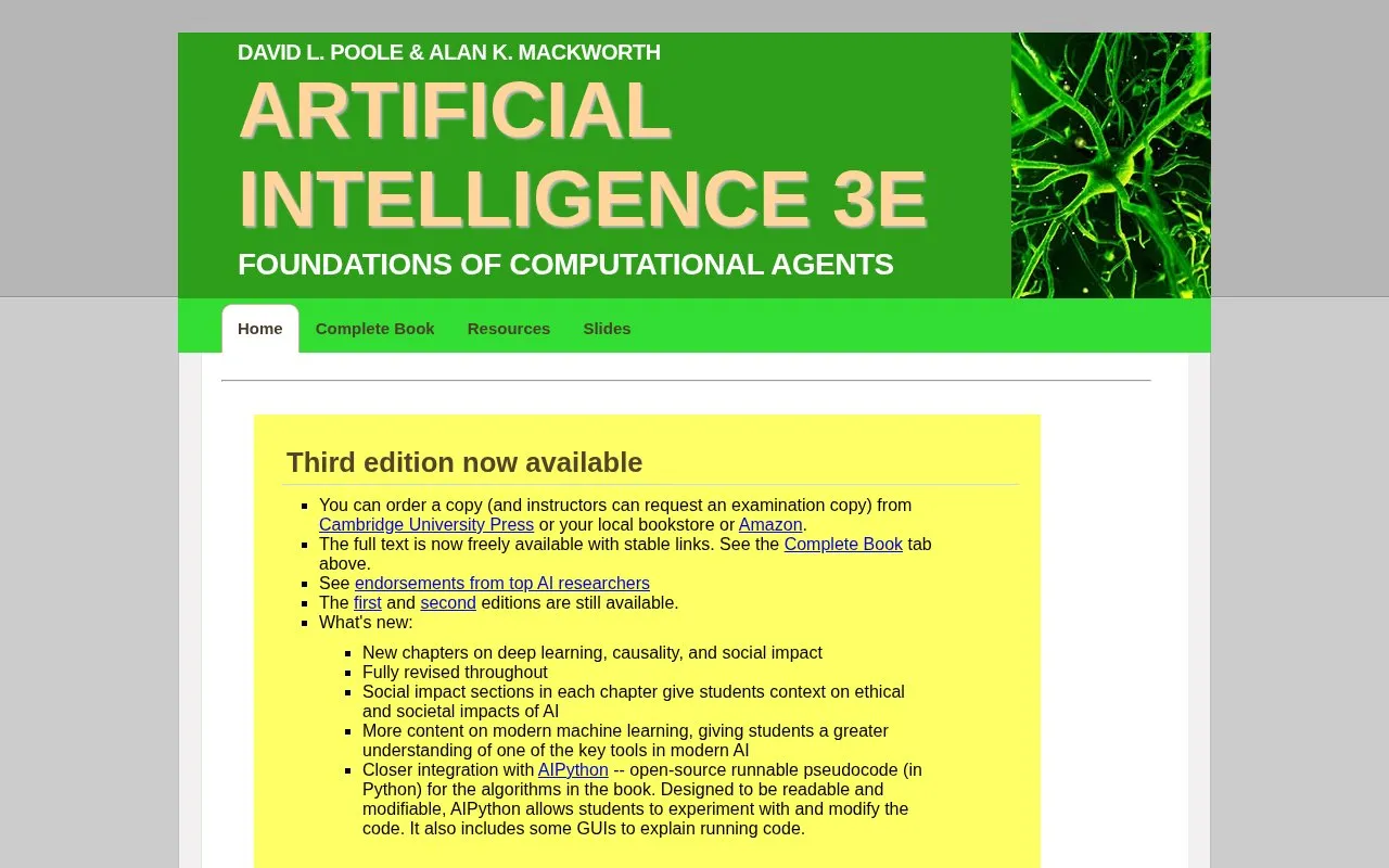 Artificial Intelligence: Foundations of Computational Agents, 2nd Edition homepage screenshot
