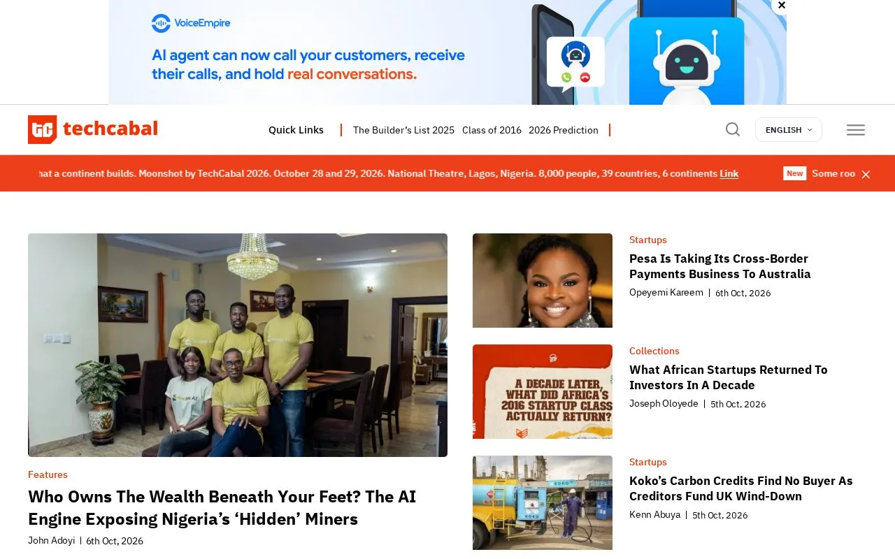 TechCabal homepage screenshot