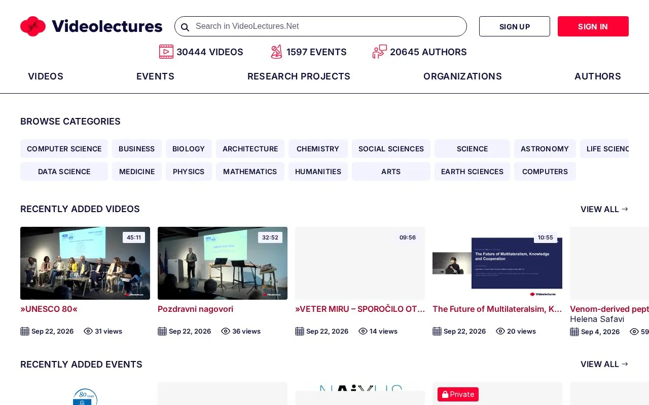 Video Lectures homepage screenshot