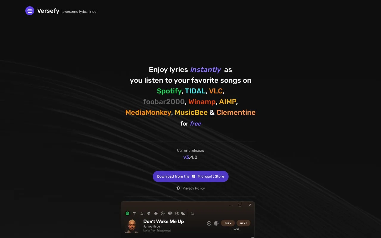 Versefy homepage screenshot