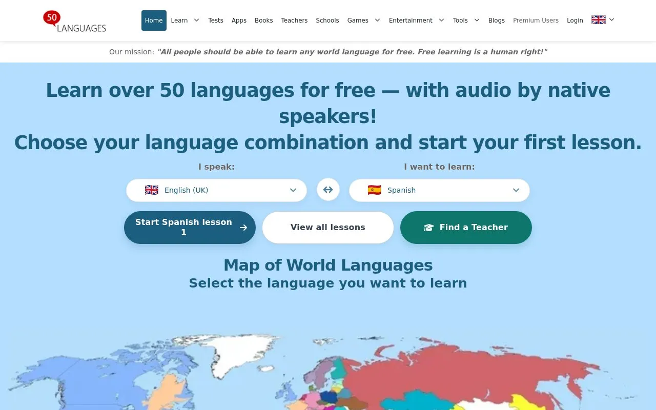 50LANGUAGES homepage screenshot
