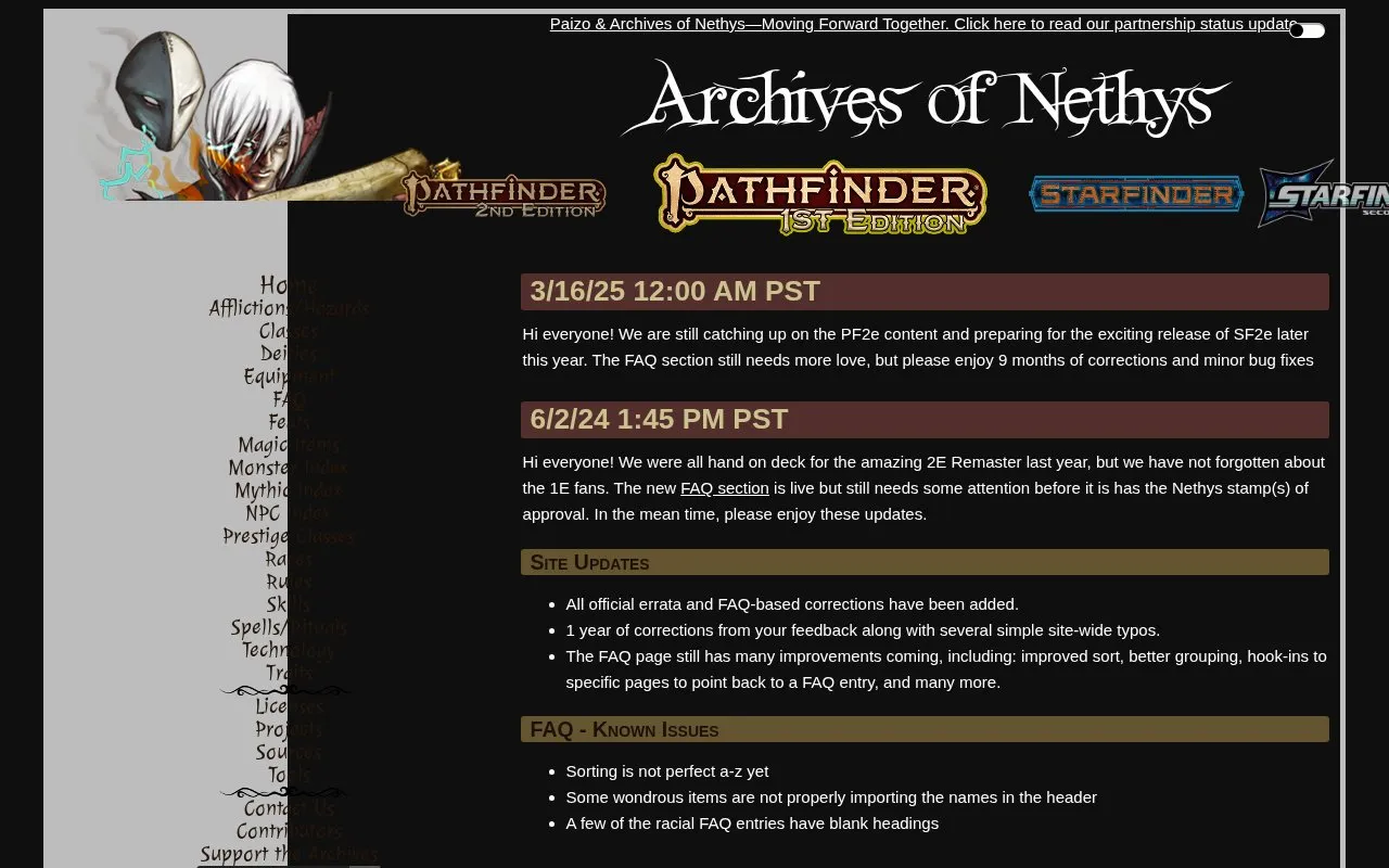 Archives of Nethys homepage screenshot