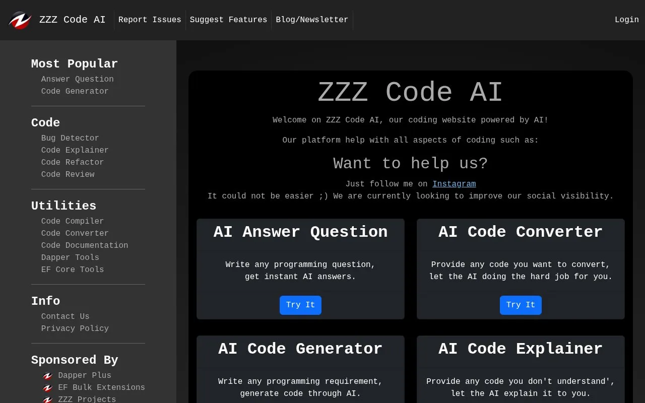 ZZZ Code AI homepage screenshot