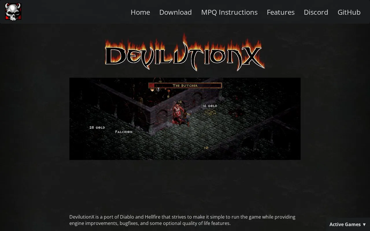 DevilutionX homepage screenshot