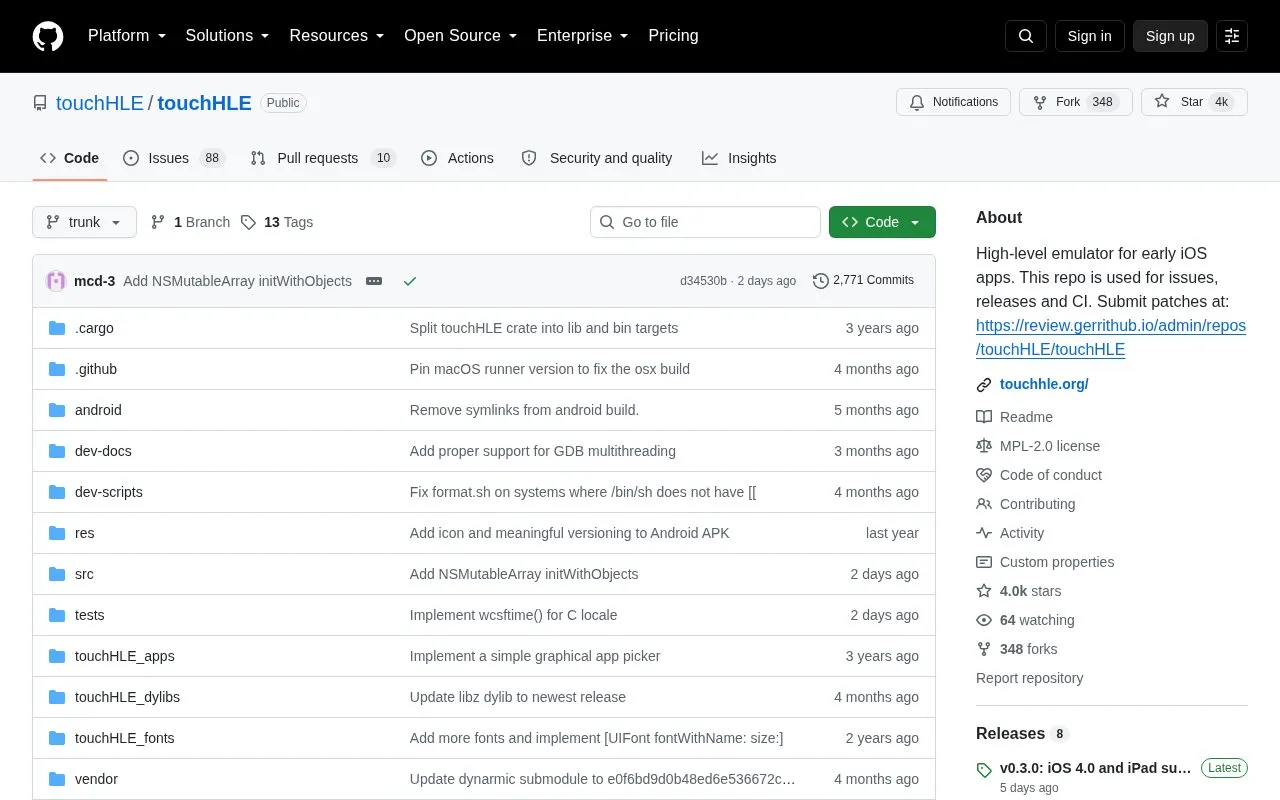touchHLE homepage screenshot