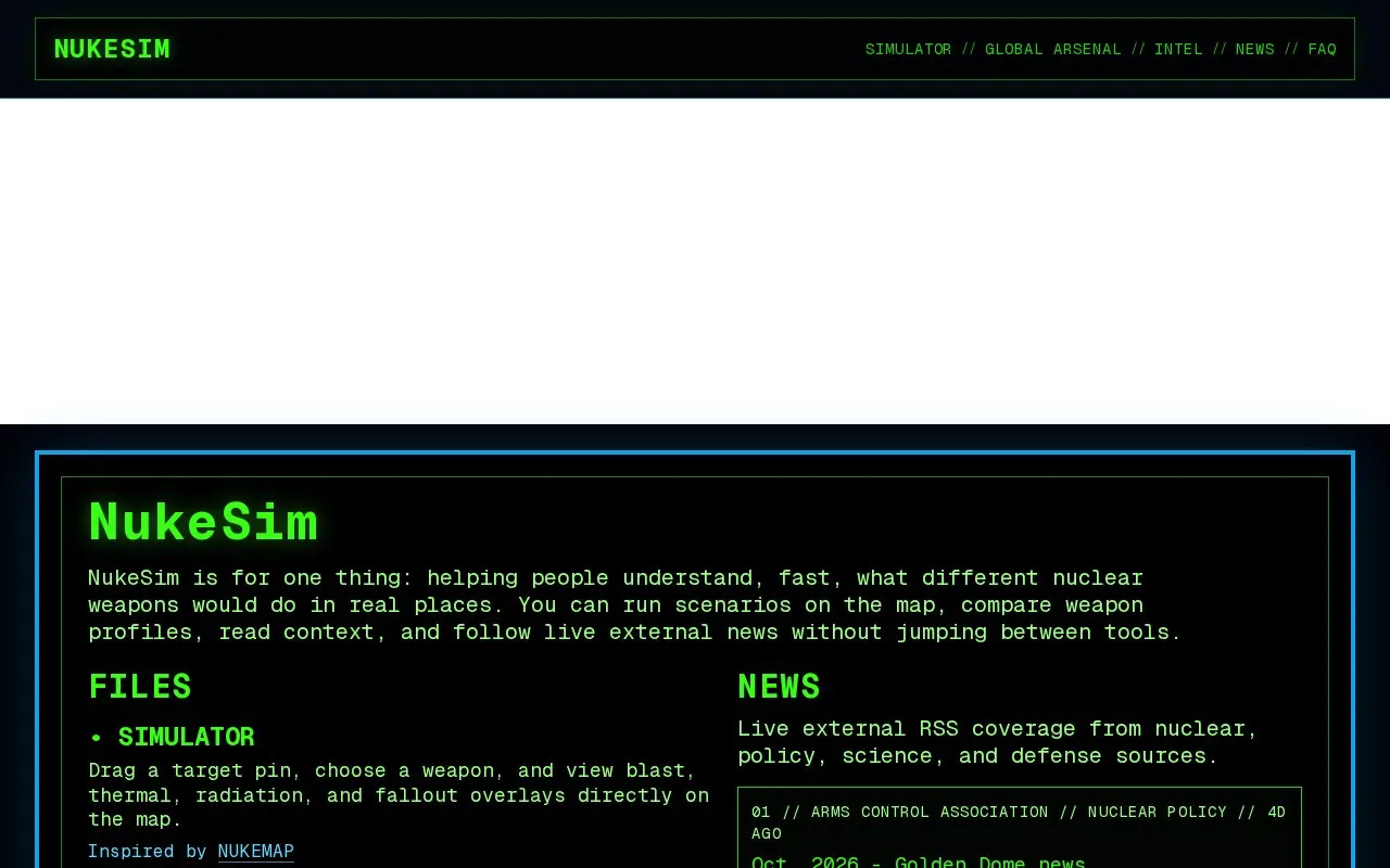 NukeSim homepage screenshot