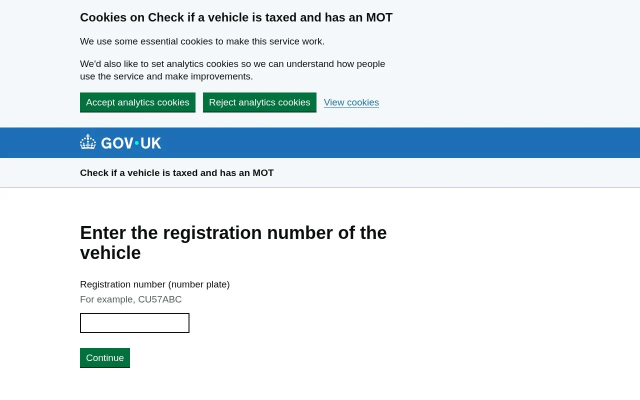 Vehicle Enquiry homepage screenshot