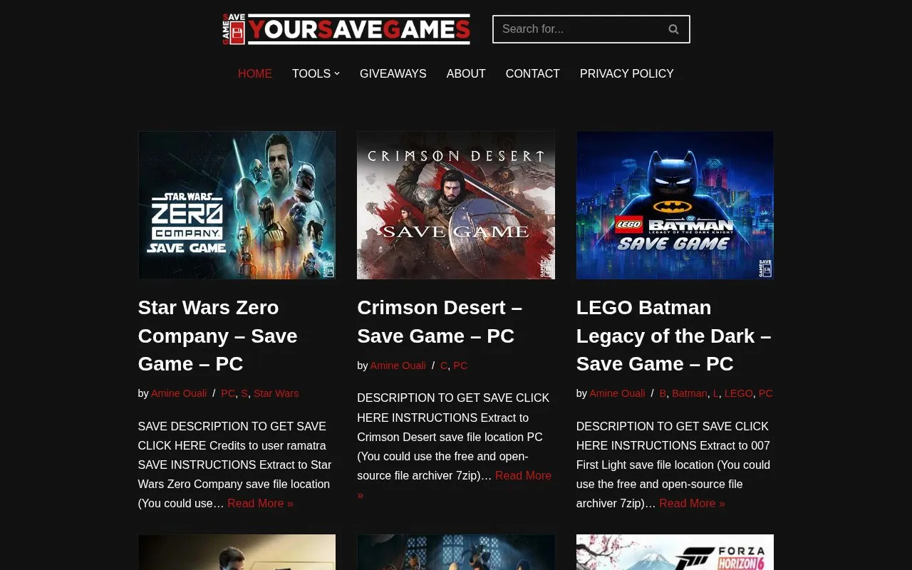 YourSaveGames homepage screenshot