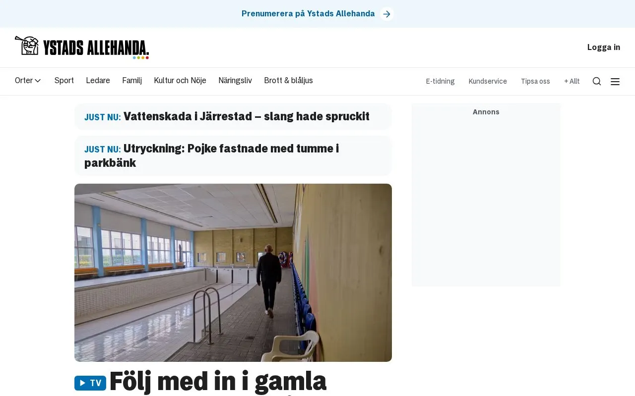 Ystads Allehanda homepage screenshot