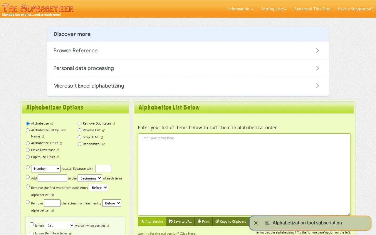 The Alphabetizer homepage screenshot