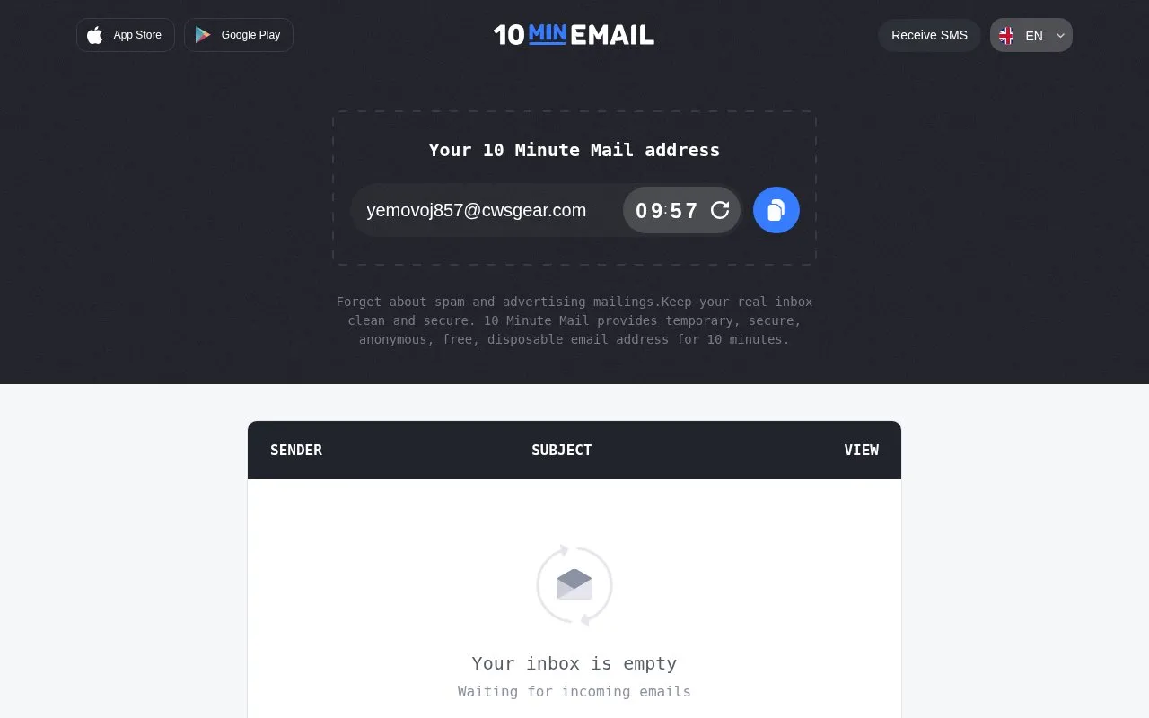 10minemail.com homepage screenshot