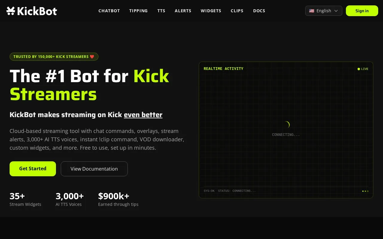KickBot homepage screenshot