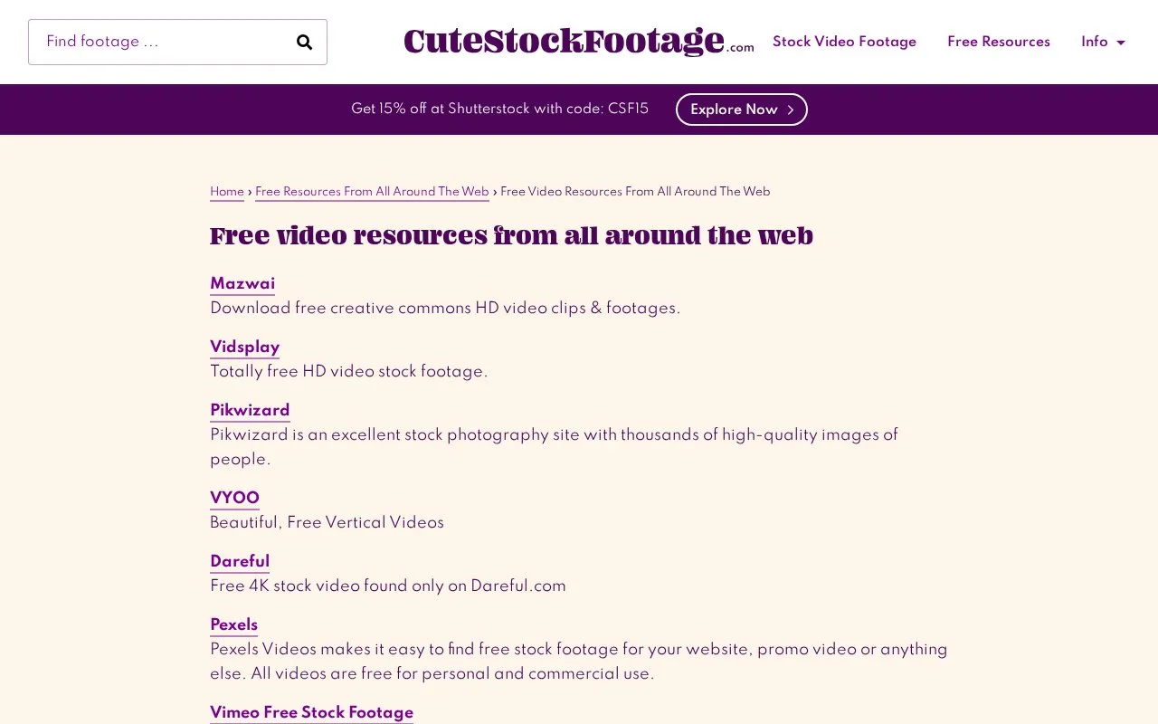 CuteStockFootage homepage screenshot