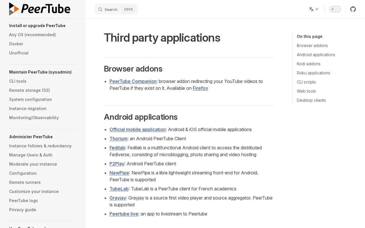 Peertube Apps homepage screenshot