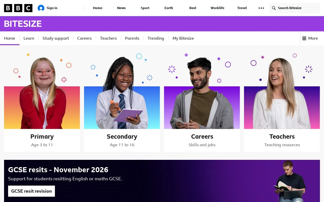 Bitesize homepage screenshot