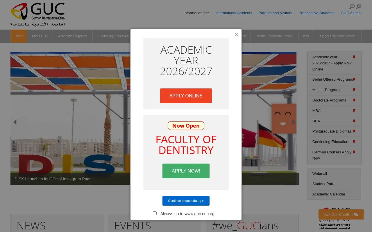 German University in Cairo homepage screenshot