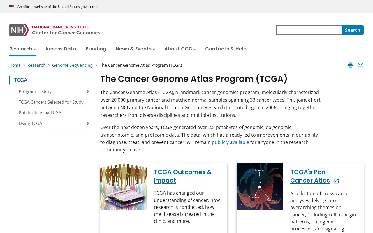 Cancer GenomeAtlas Data Portal homepage screenshot