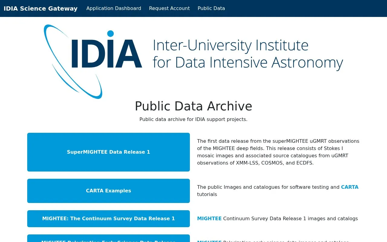 IDIA Public Data Archive homepage screenshot