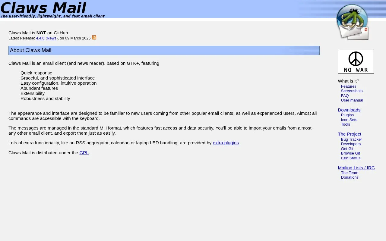 Claws Mail homepage screenshot