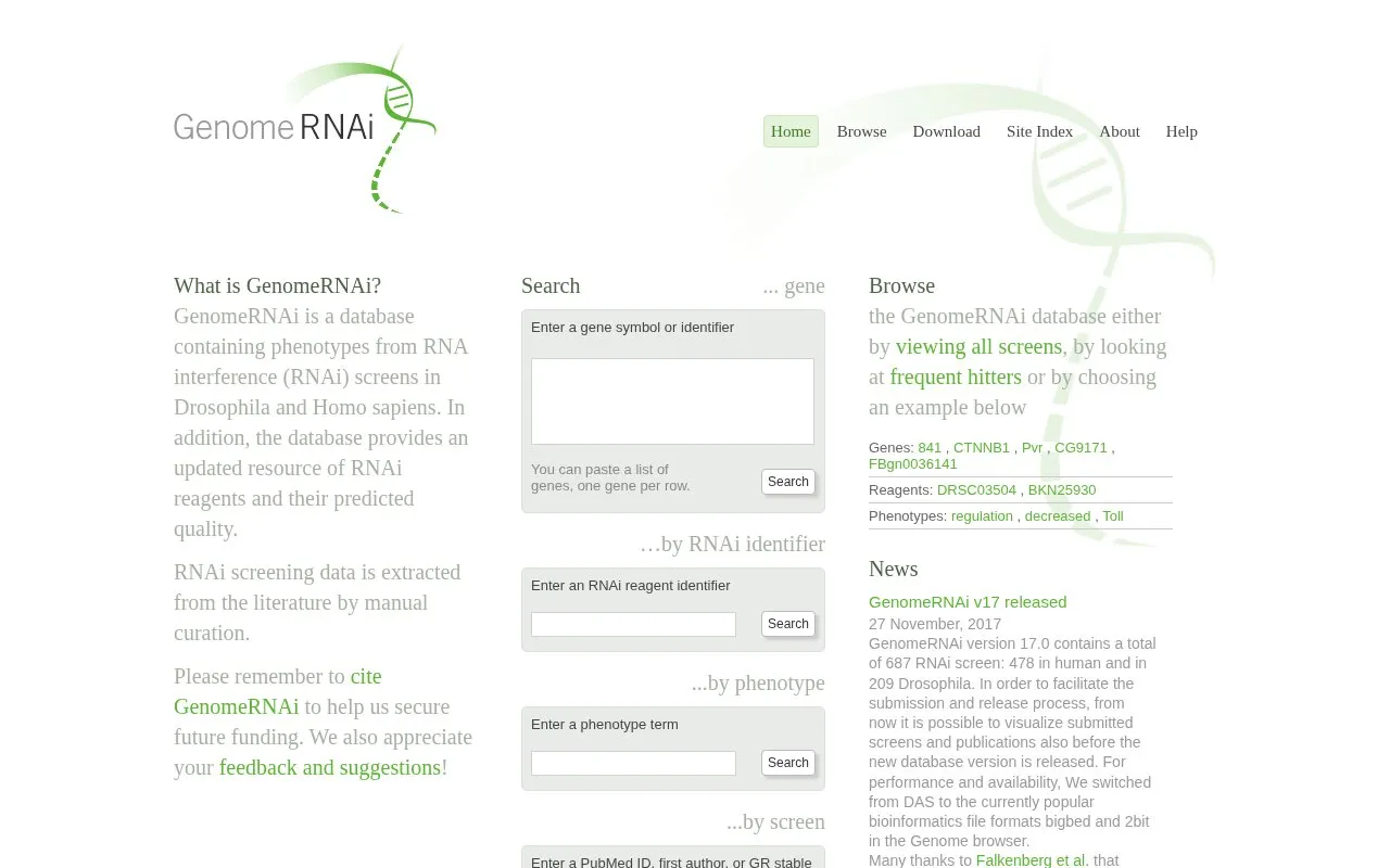 GenomeRNAi homepage screenshot