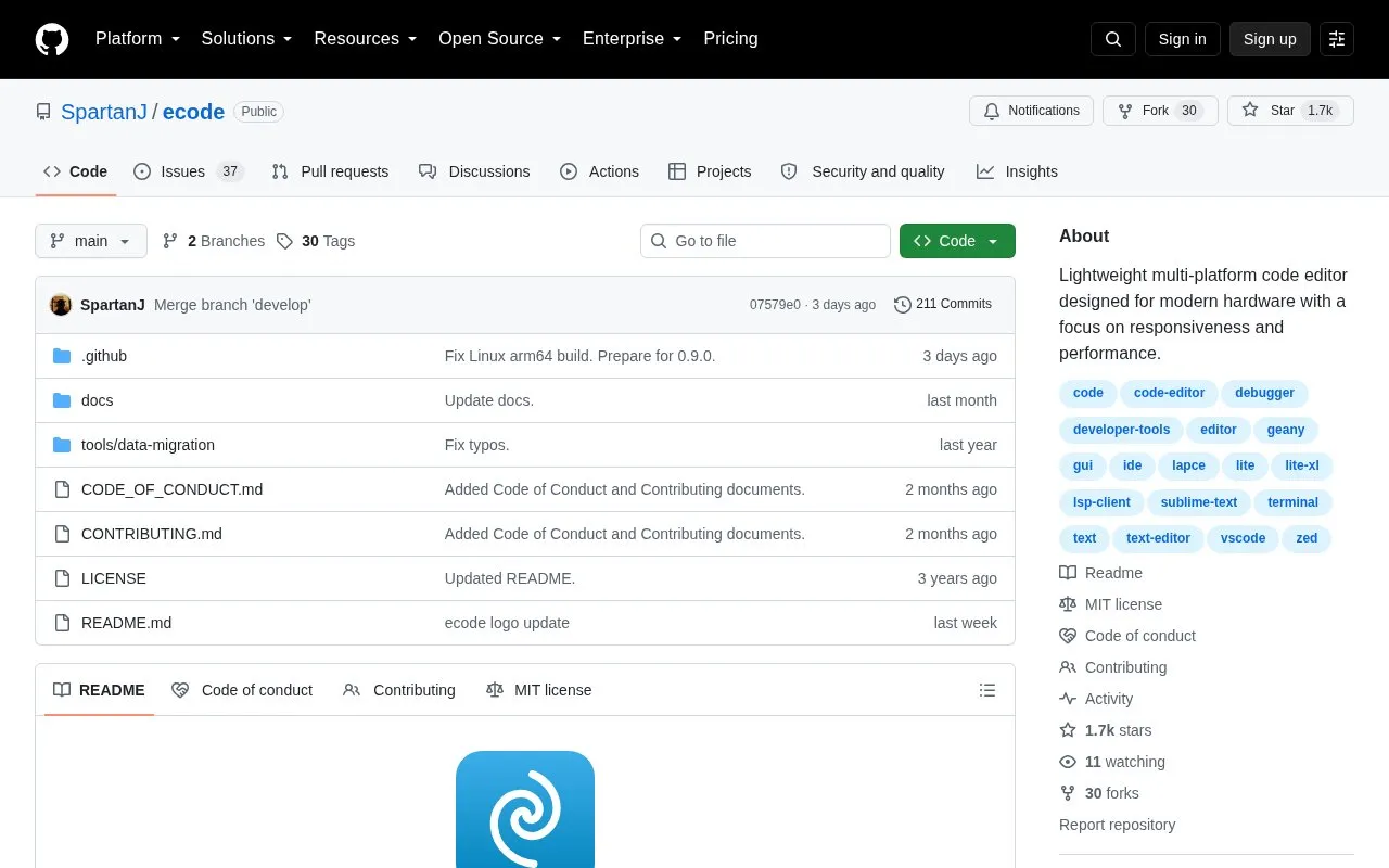 ecode homepage screenshot