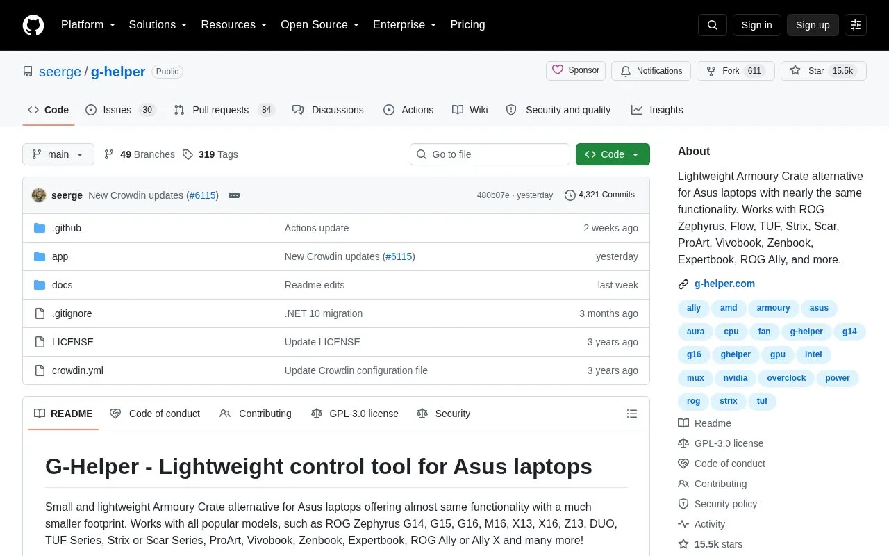 ASUS G-Helper homepage screenshot