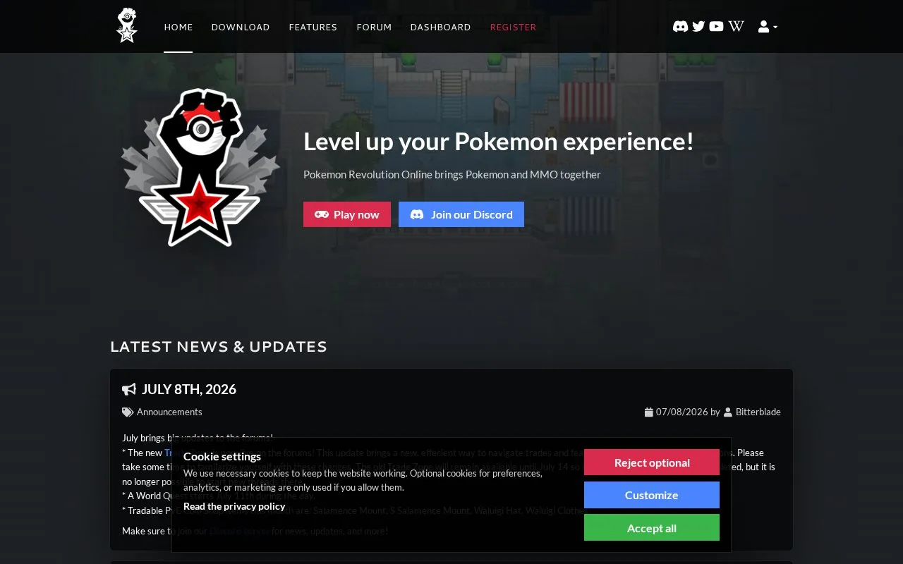 Pokemon Revolution Online homepage screenshot
