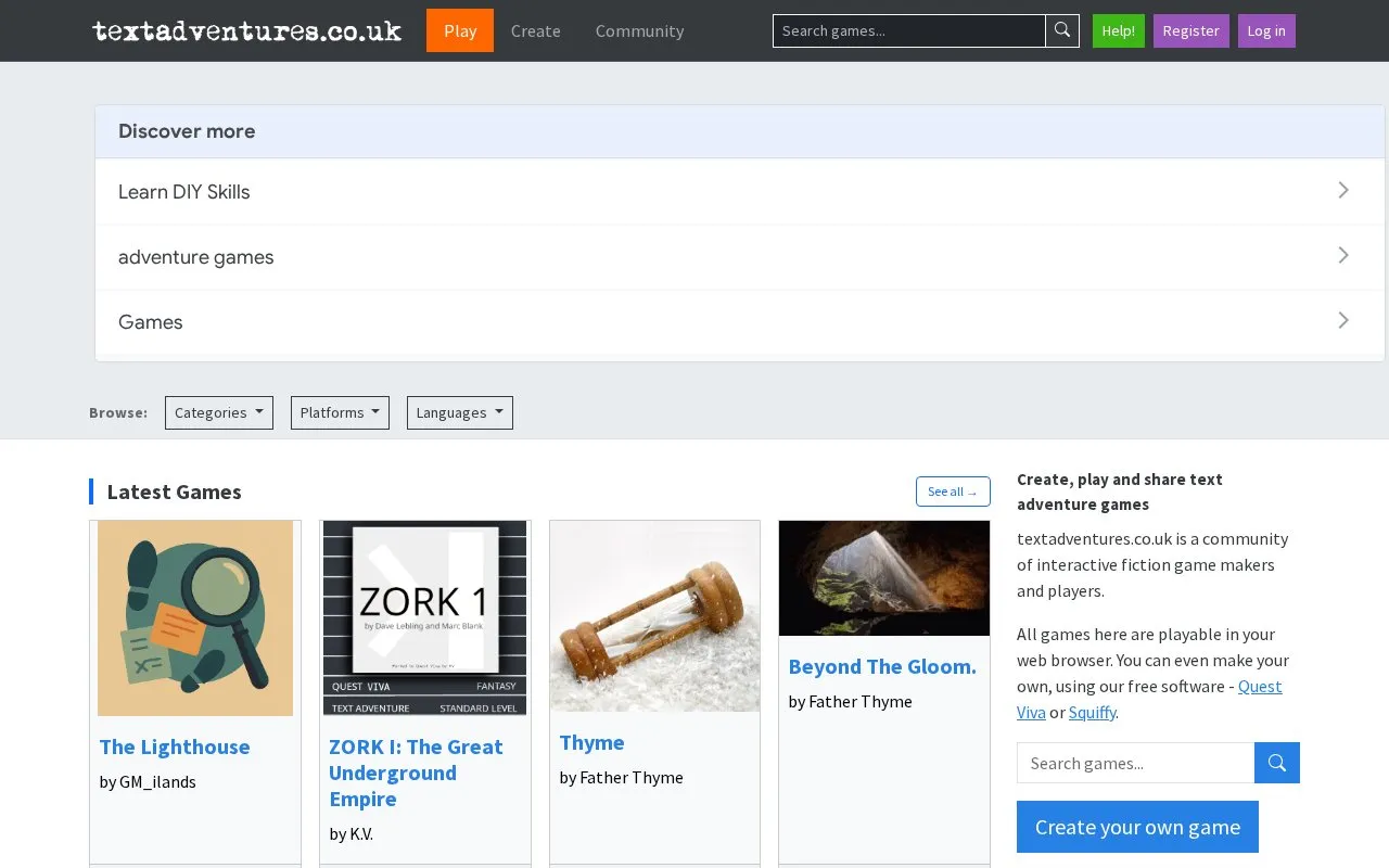TextAventures homepage screenshot