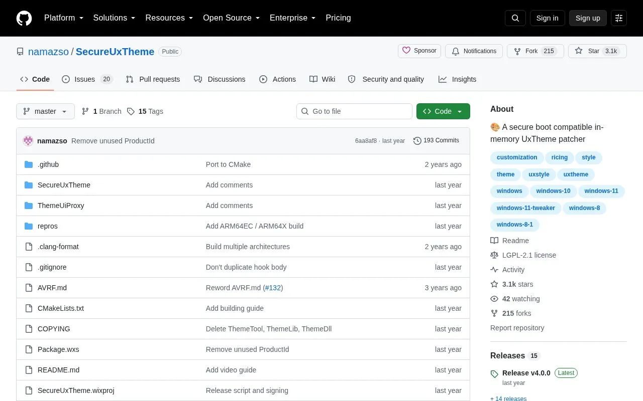 SecureUxTheme homepage screenshot