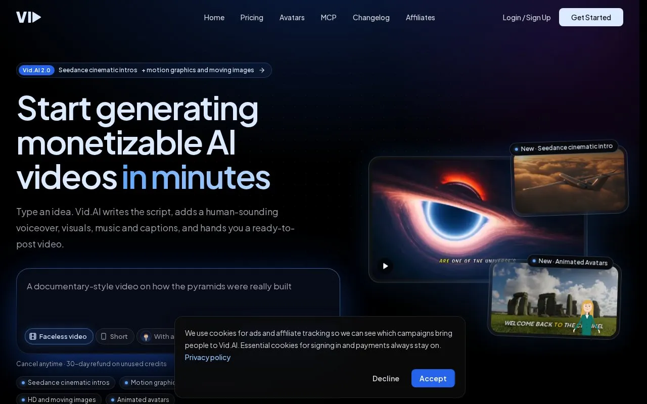 VidAI homepage screenshot