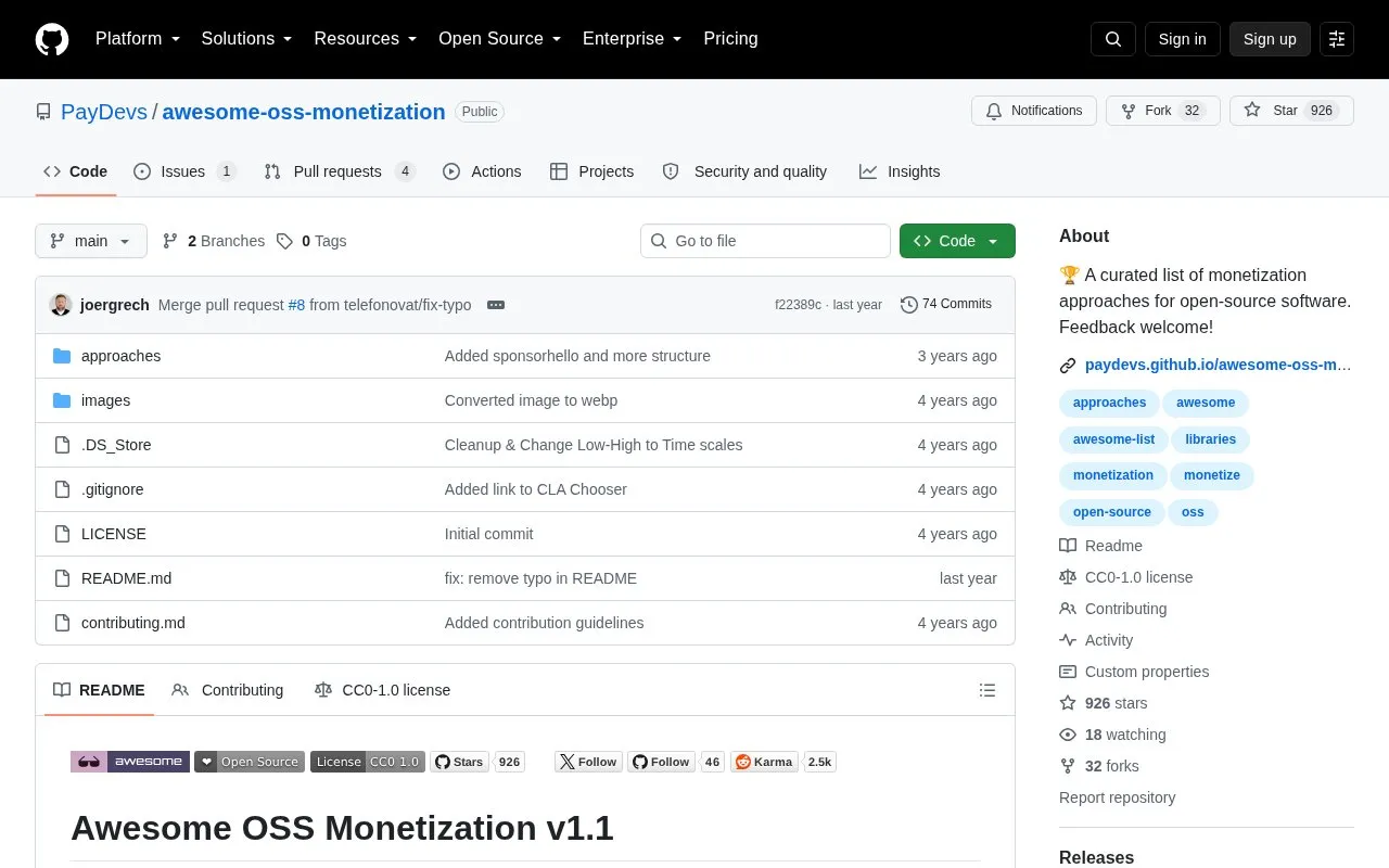 Awesome OSS Monetization homepage screenshot