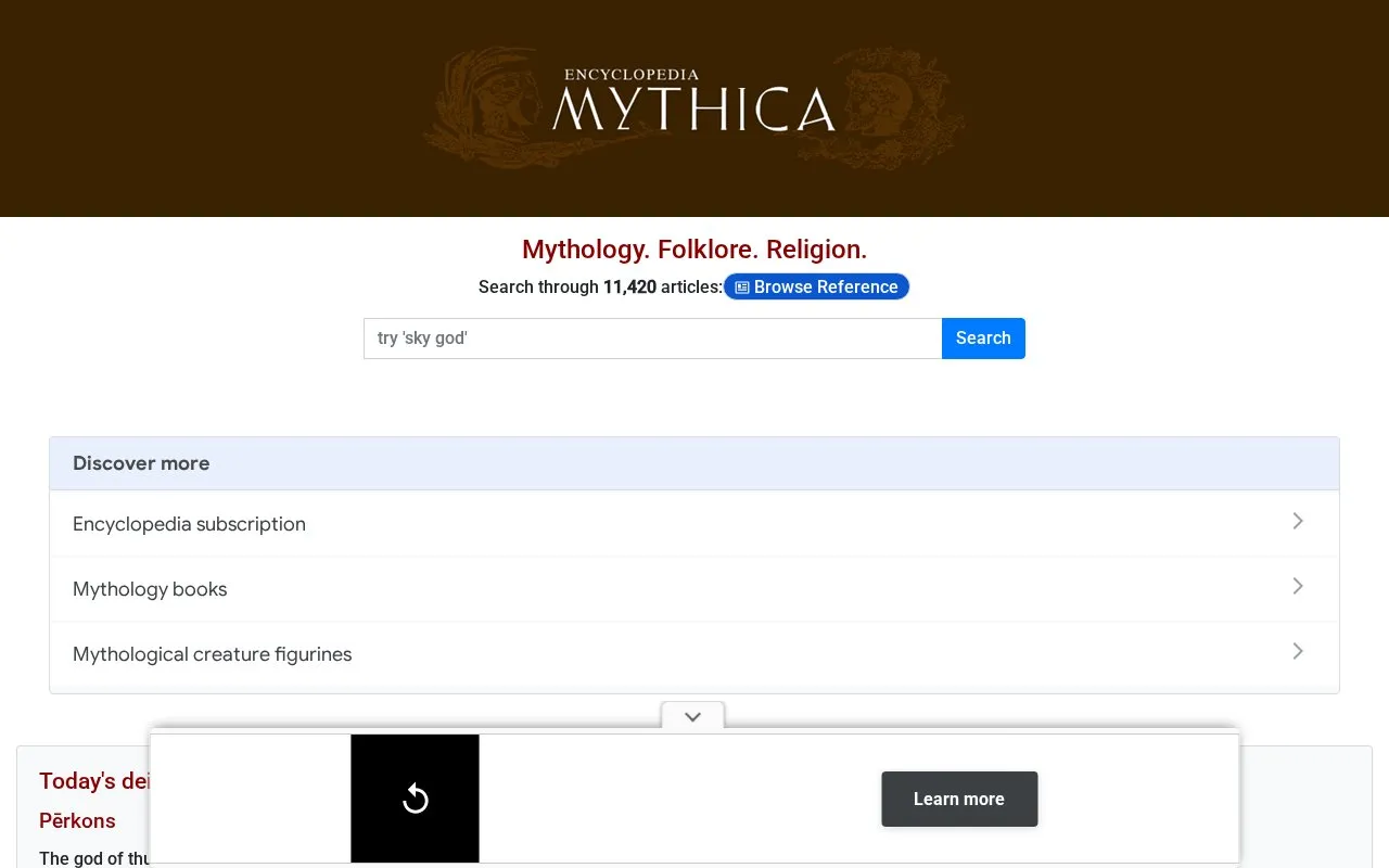 Encyclopedia Mythica homepage screenshot
