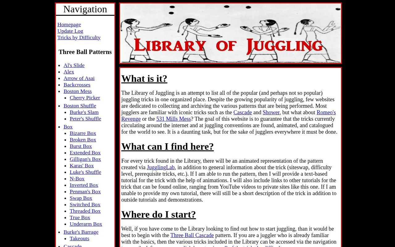 LibraryOfJuggling homepage screenshot