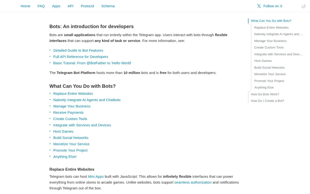 Telegram Bot API homepage screenshot