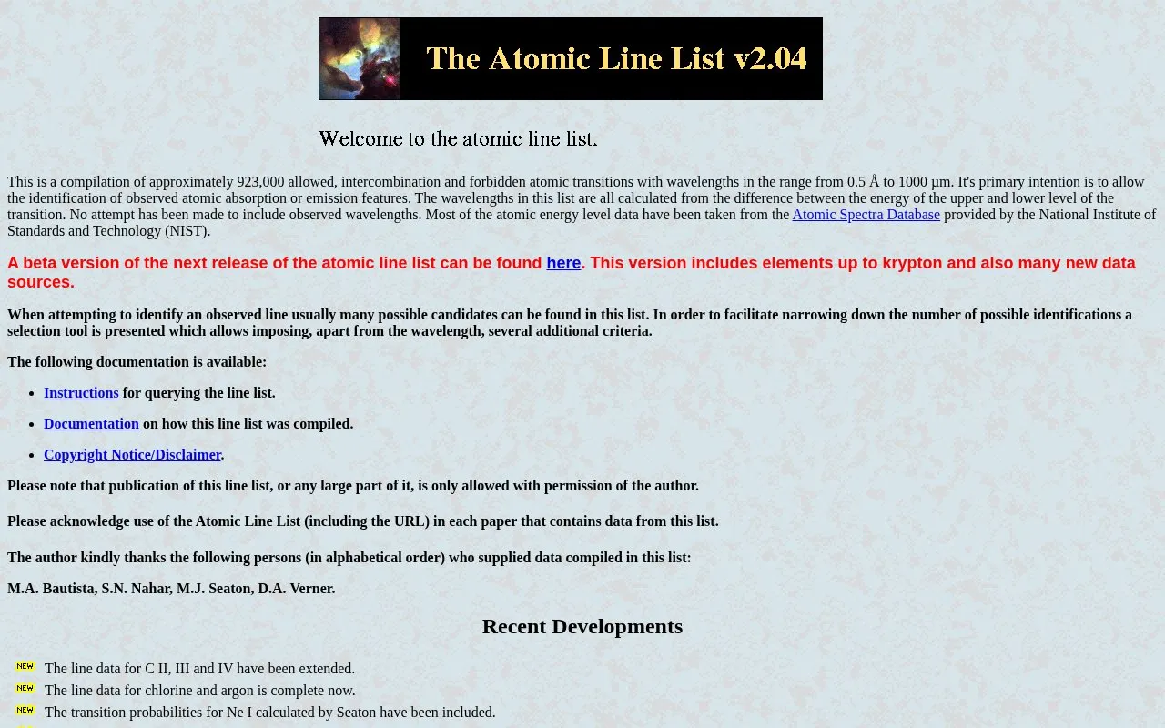 The Atomic Line List homepage screenshot