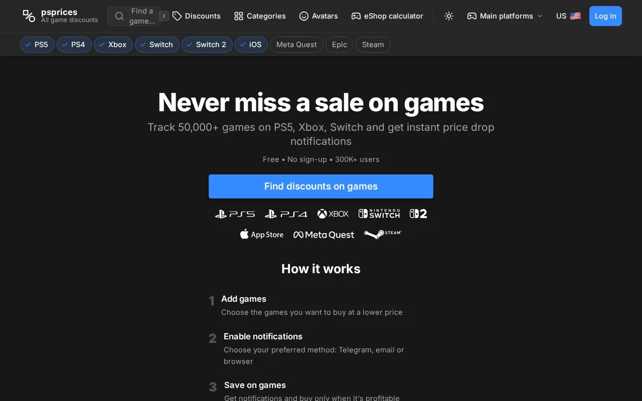 PSprices homepage screenshot