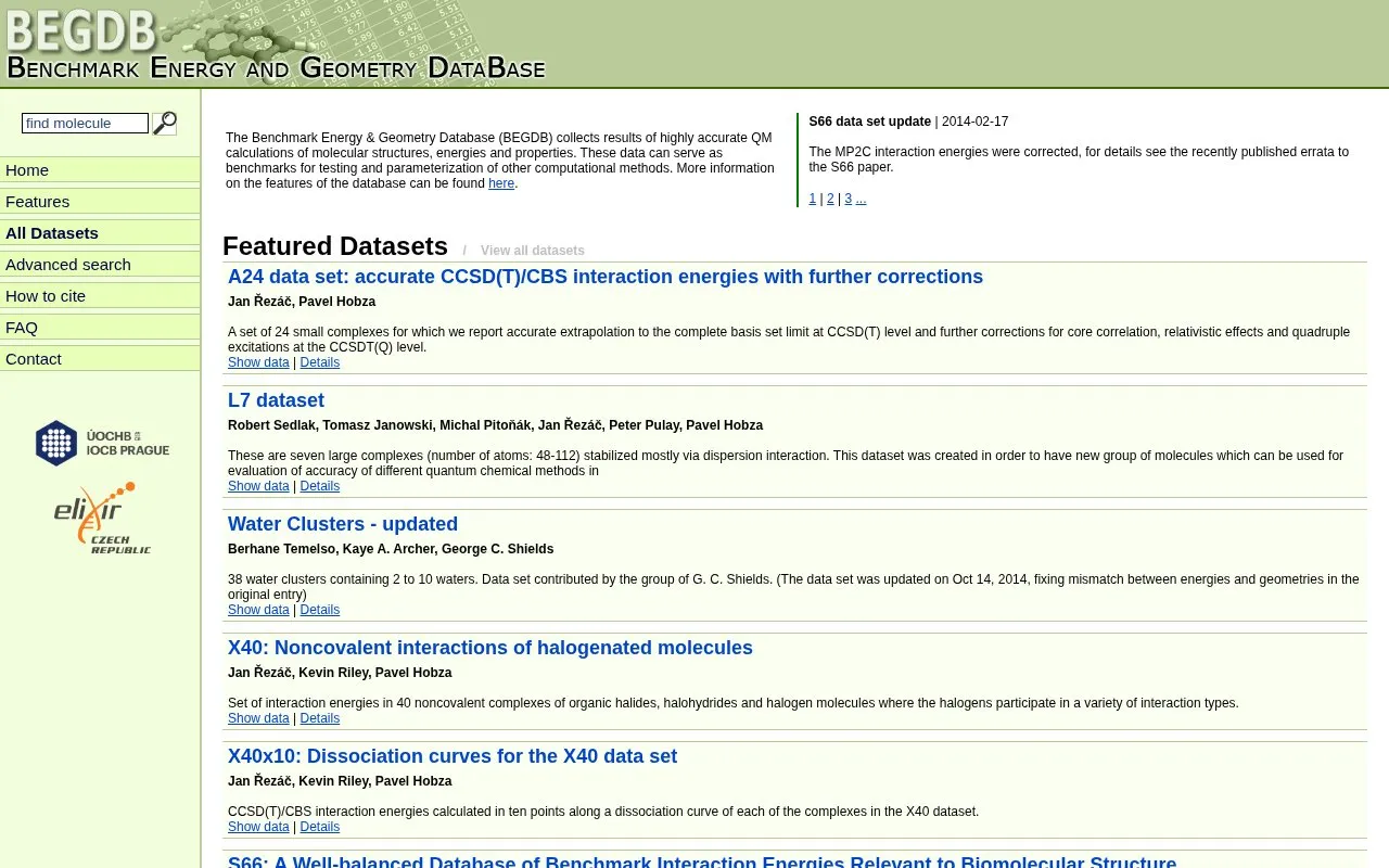 Benchmark Energy & Geometry Database homepage screenshot