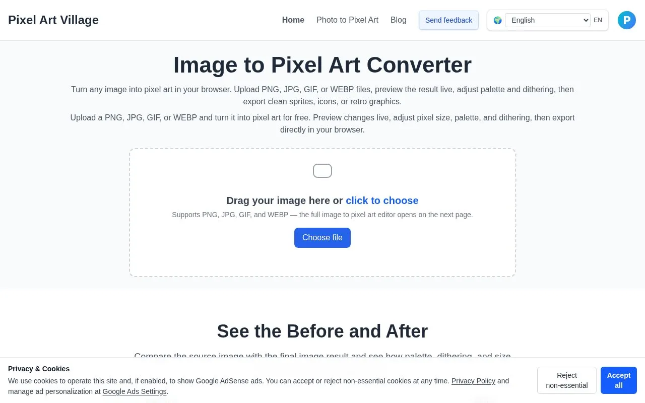 Pixel Art Village homepage screenshot
